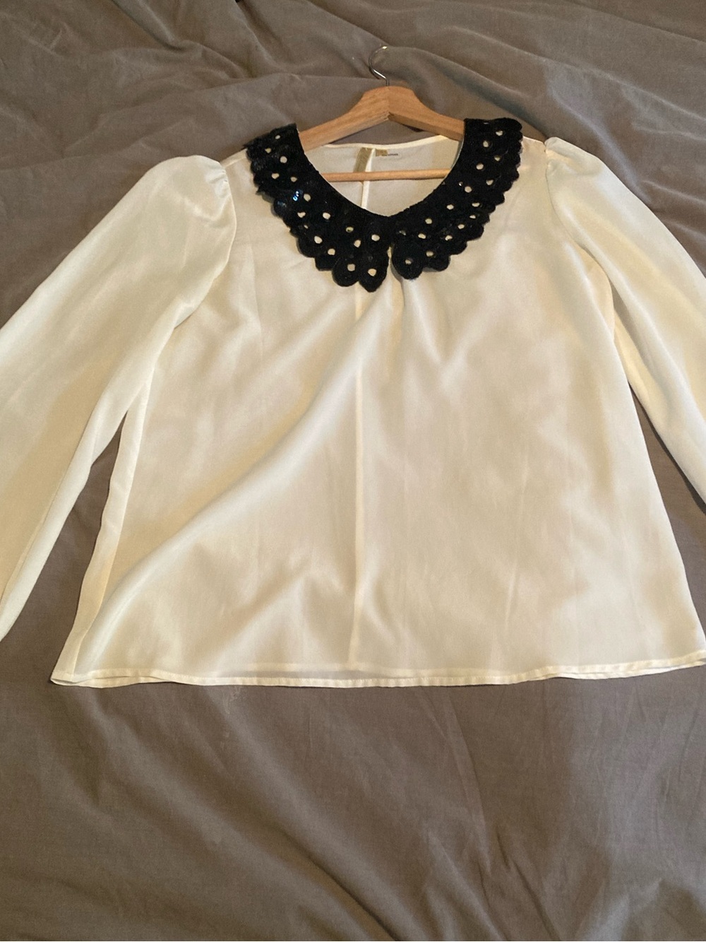 Glamorous Cream Blouse with Black Scalloped Embellished Collar